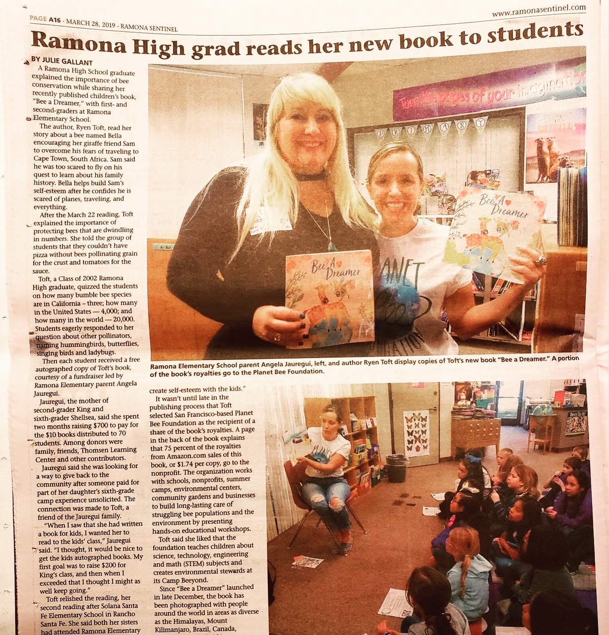An image of the Ramona Sentinel newspaper article on Ryen Toft's reading of "Bee A Dreamer" at the school.